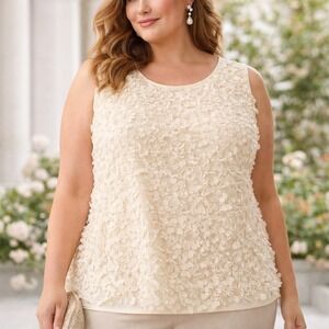 Talbots Ivory 100% Silk 3D Applique Petal Sleeveless Blouse 16W Dressy Shell Top